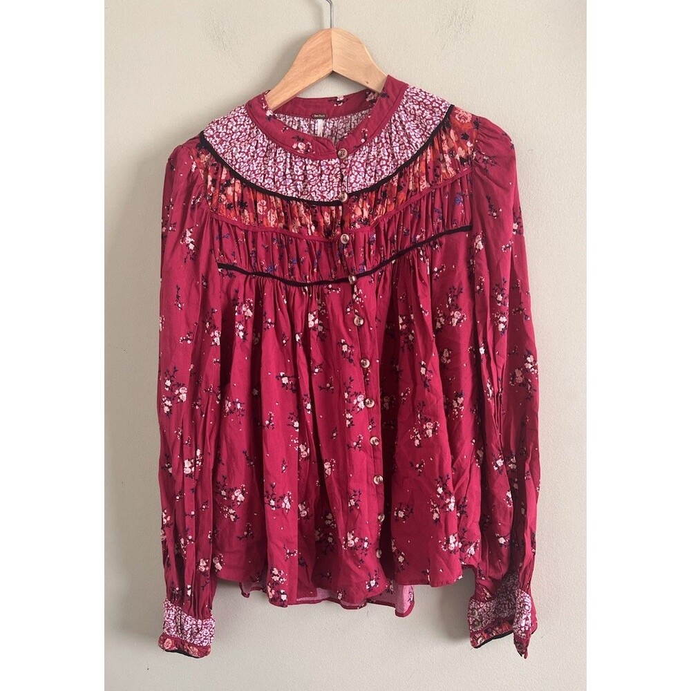 Free People Paloma Printed Blouse Top Size Small/P Berry Combo Floral NWT $118